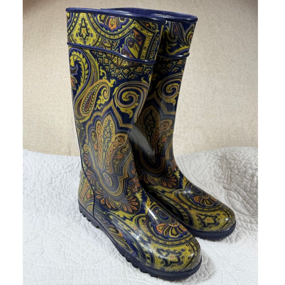 Sperry Top Sider Women 7M Blue Paisley  Waterproof Rain Duck Boots Shoes